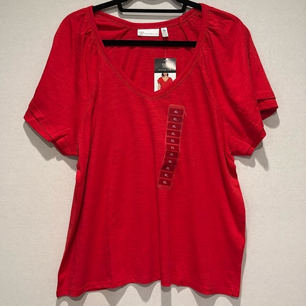 Rafaella Red V-Neck Short Sleeve Ruffle Top - Picture 2 of 15